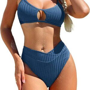 Lilosy Sexy High Waisted Cutout Ribbed V Cut Bikini Set 2 Piece Swimsuit